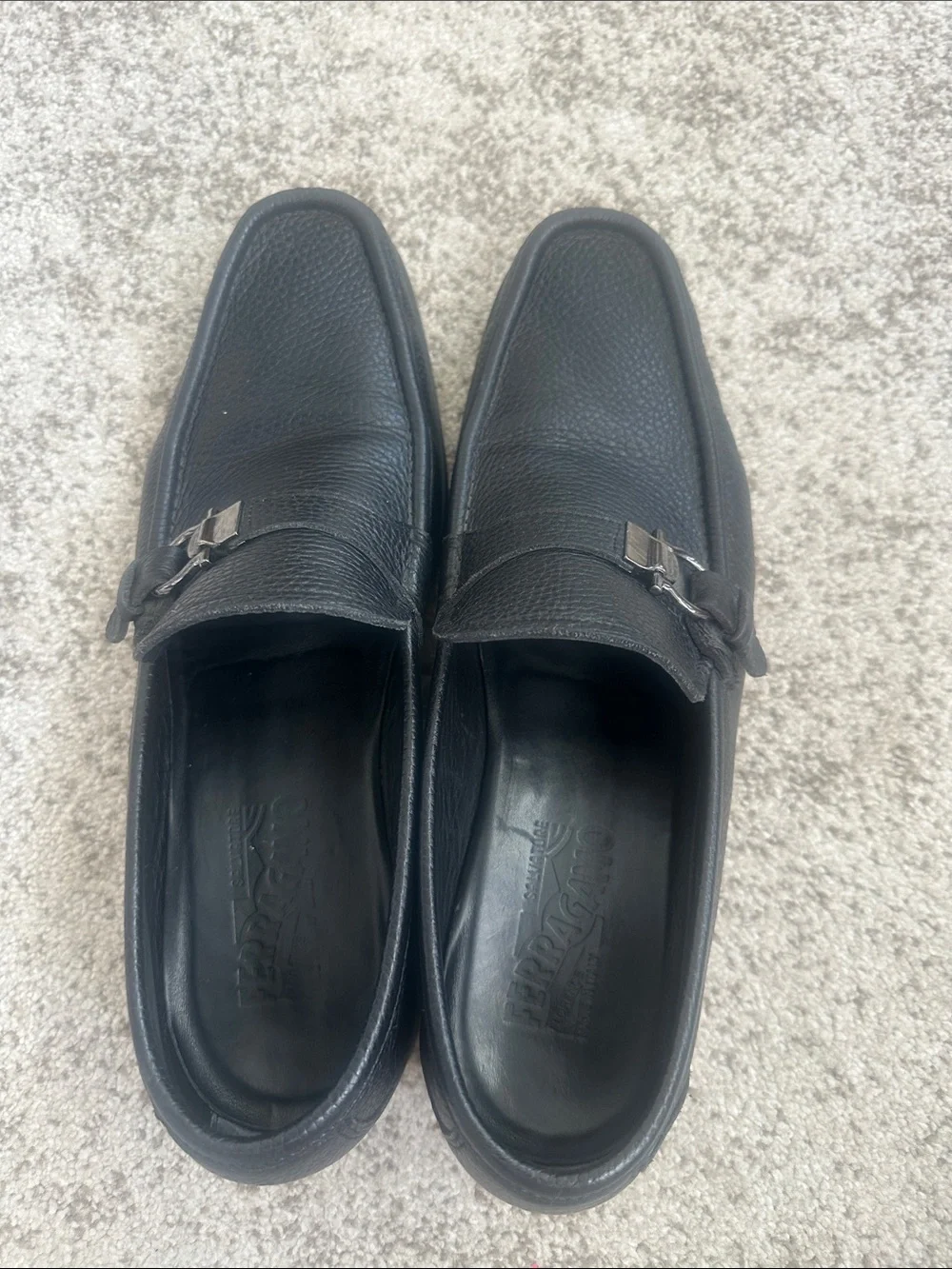 Ferragamo Black Pebbled Leather Loafer Shoes 10